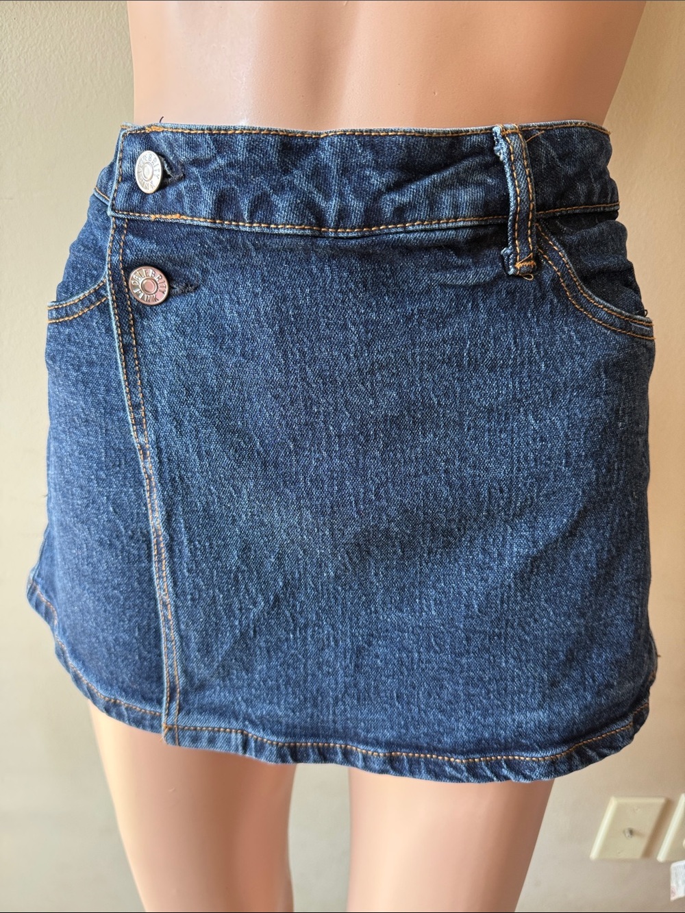 Celebrity Pink Dark Blue Denim Mini Skirt with Double Button Waist